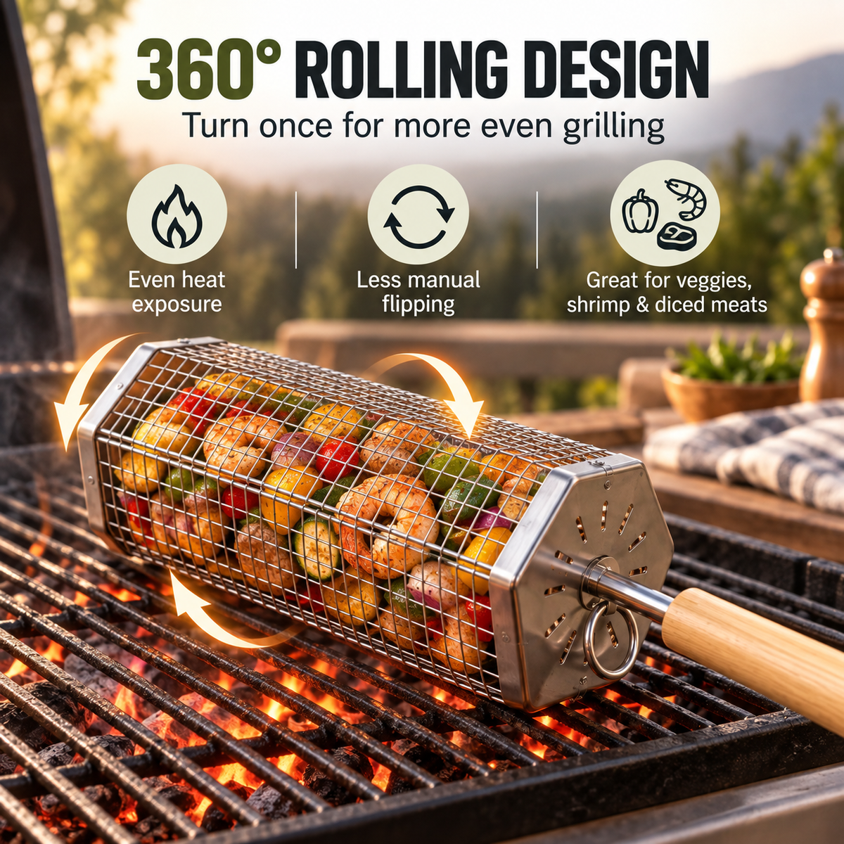 Rolling BBQ Grill Basket, Heavy Duty Stainless Steel Mesh Grilling Roller Basket for Charcoal & Gas Grill, Camping Backyard Barbecue