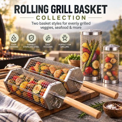 Rolling BBQ Grill Basket, Heavy Duty Stainless Steel Mesh Grilling Roller Basket for Charcoal & Gas Grill, Camping Backyard Barbecue