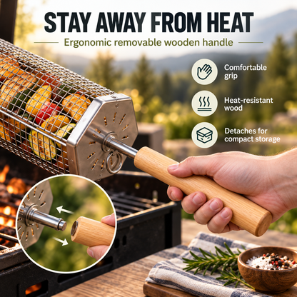 Rolling BBQ Grill Basket, Heavy Duty Stainless Steel Mesh Grilling Roller Basket for Charcoal & Gas Grill, Camping Backyard Barbecue