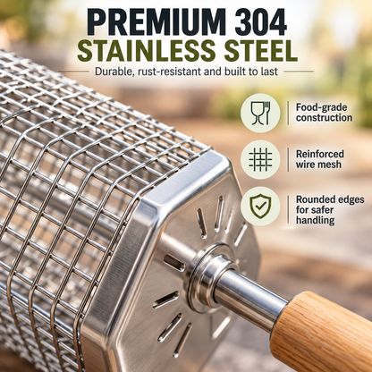 Rolling BBQ Grill Basket, Heavy Duty Stainless Steel Mesh Grilling Roller Basket for Charcoal & Gas Grill, Camping Backyard Barbecue