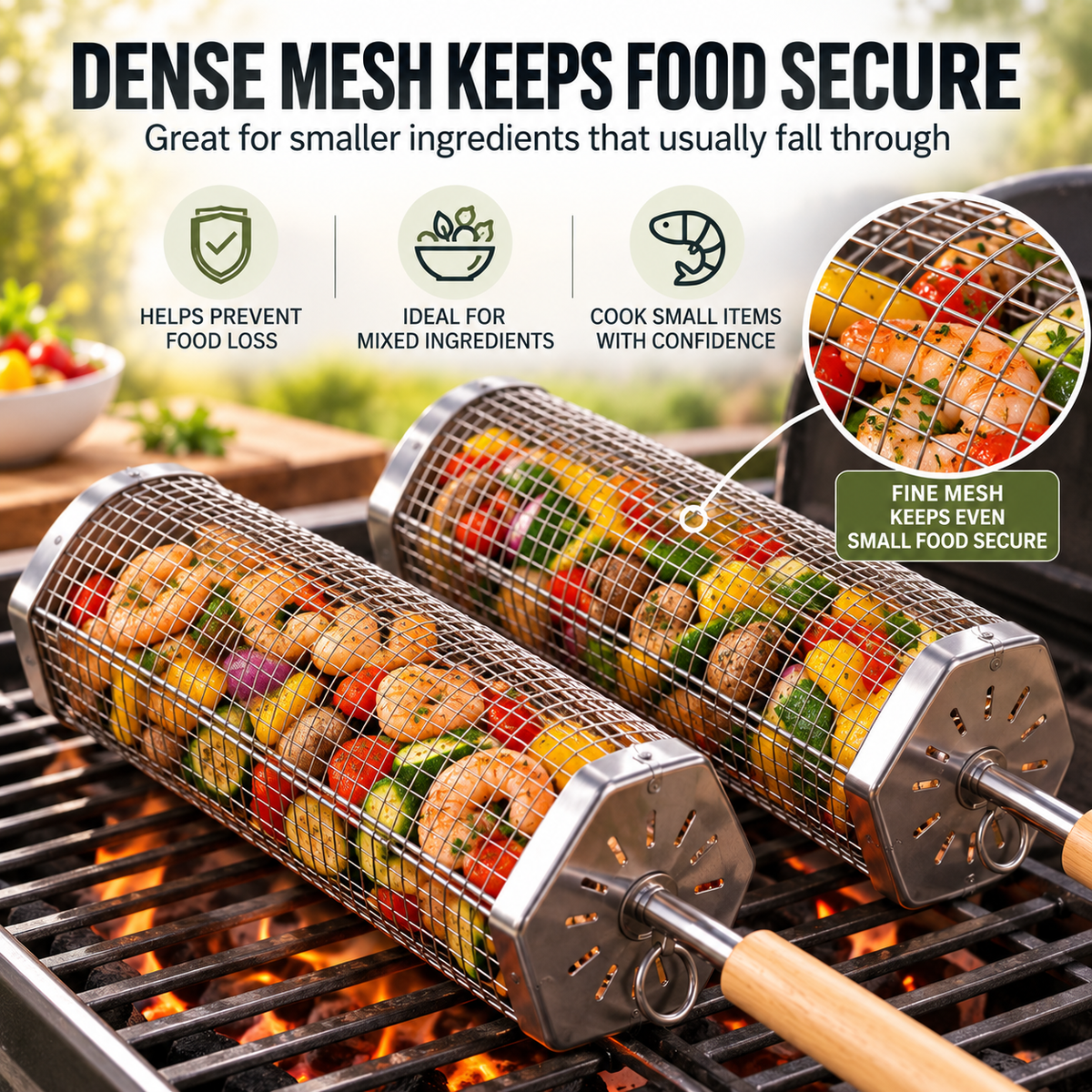 Rolling BBQ Grill Basket, Heavy Duty Stainless Steel Mesh Grilling Roller Basket for Charcoal & Gas Grill, Camping Backyard Barbecue