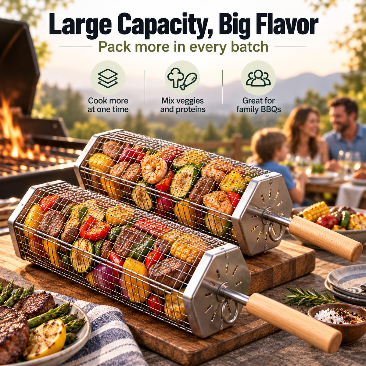 Rolling BBQ Grill Basket, Heavy Duty Stainless Steel Mesh Grilling Roller Basket for Charcoal & Gas Grill, Camping Backyard Barbecue