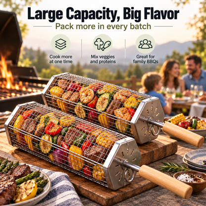 Rolling BBQ Grill Basket, Heavy Duty Stainless Steel Mesh Grilling Roller Basket for Charcoal & Gas Grill, Camping Backyard Barbecue