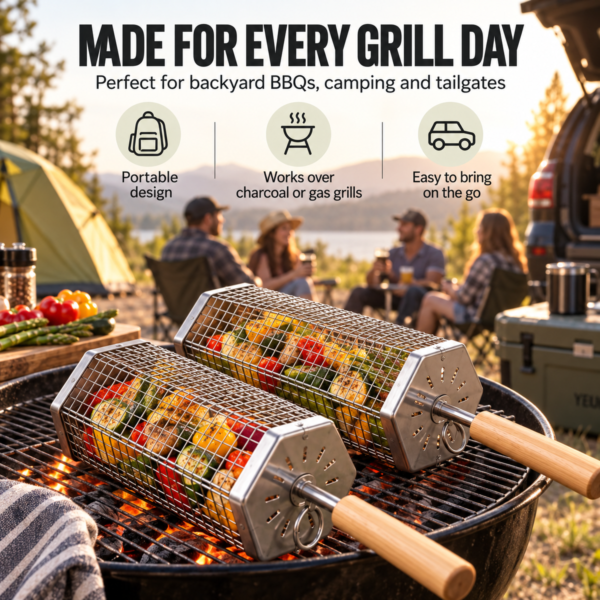 Rolling BBQ Grill Basket, Heavy Duty Stainless Steel Mesh Grilling Roller Basket for Charcoal & Gas Grill, Camping Backyard Barbecue