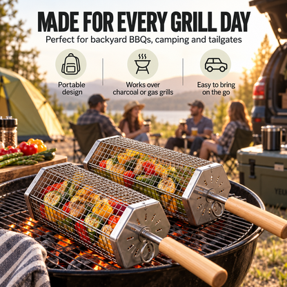 Rolling BBQ Grill Basket, Heavy Duty Stainless Steel Mesh Grilling Roller Basket for Charcoal & Gas Grill, Camping Backyard Barbecue